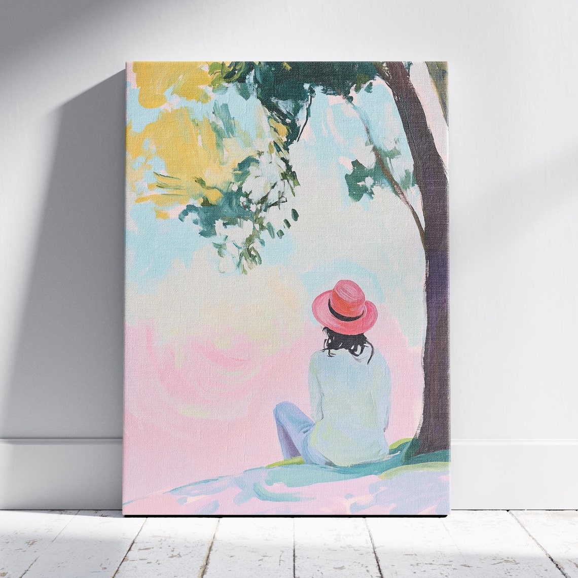 Woman Watching Pink Sunset Under Tree Pastel Solitude Art Poster