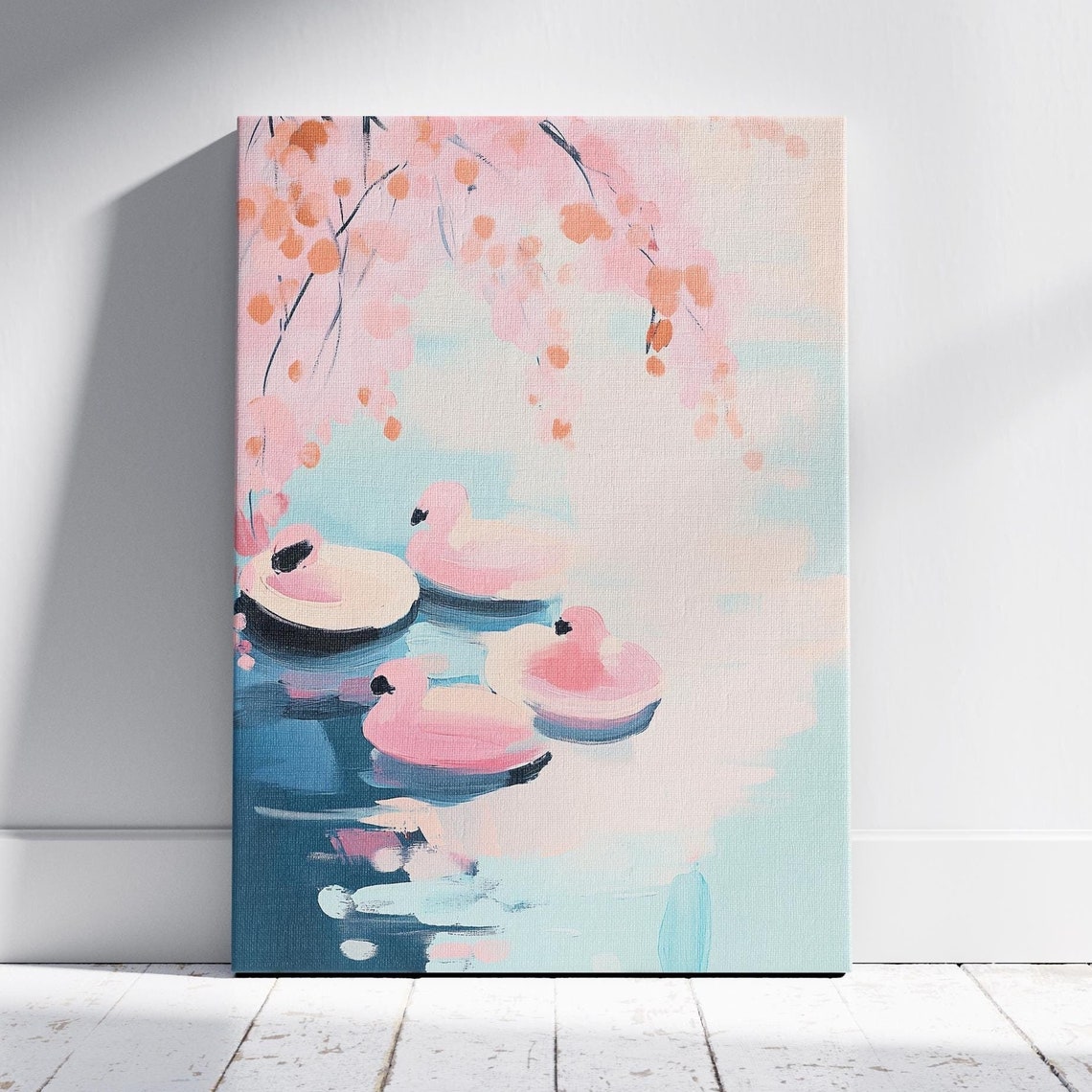 Pink Flamingos Under Cherry Blossoms Pastel Spring Wall Art Print