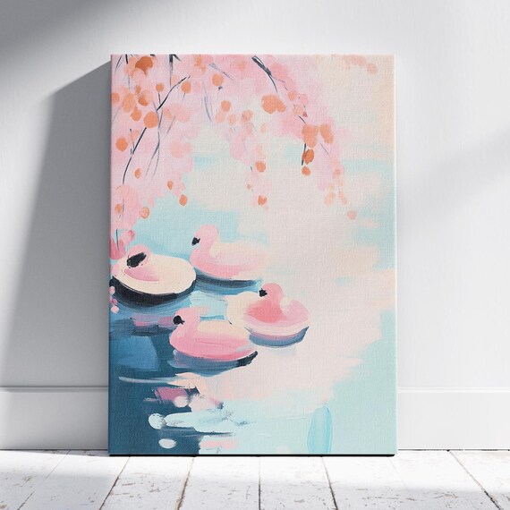 Pink Flamingos Under Cherry Blossoms Pastel Spring Wall Art Print