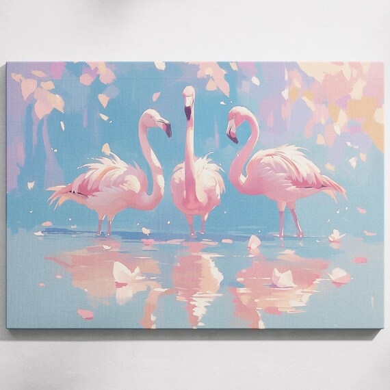 Three Pink Flamingos Shallow Water Reflections Pastel Wildlife Poster