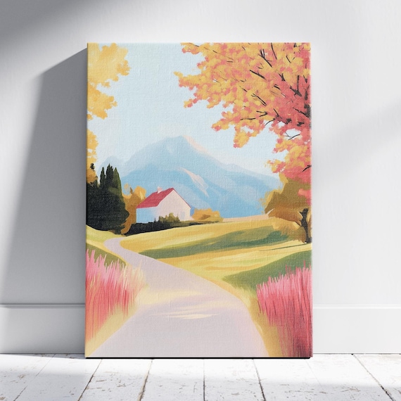 Autumn Countryside Cottage Red Roof Golden Path Pastel Art Poster