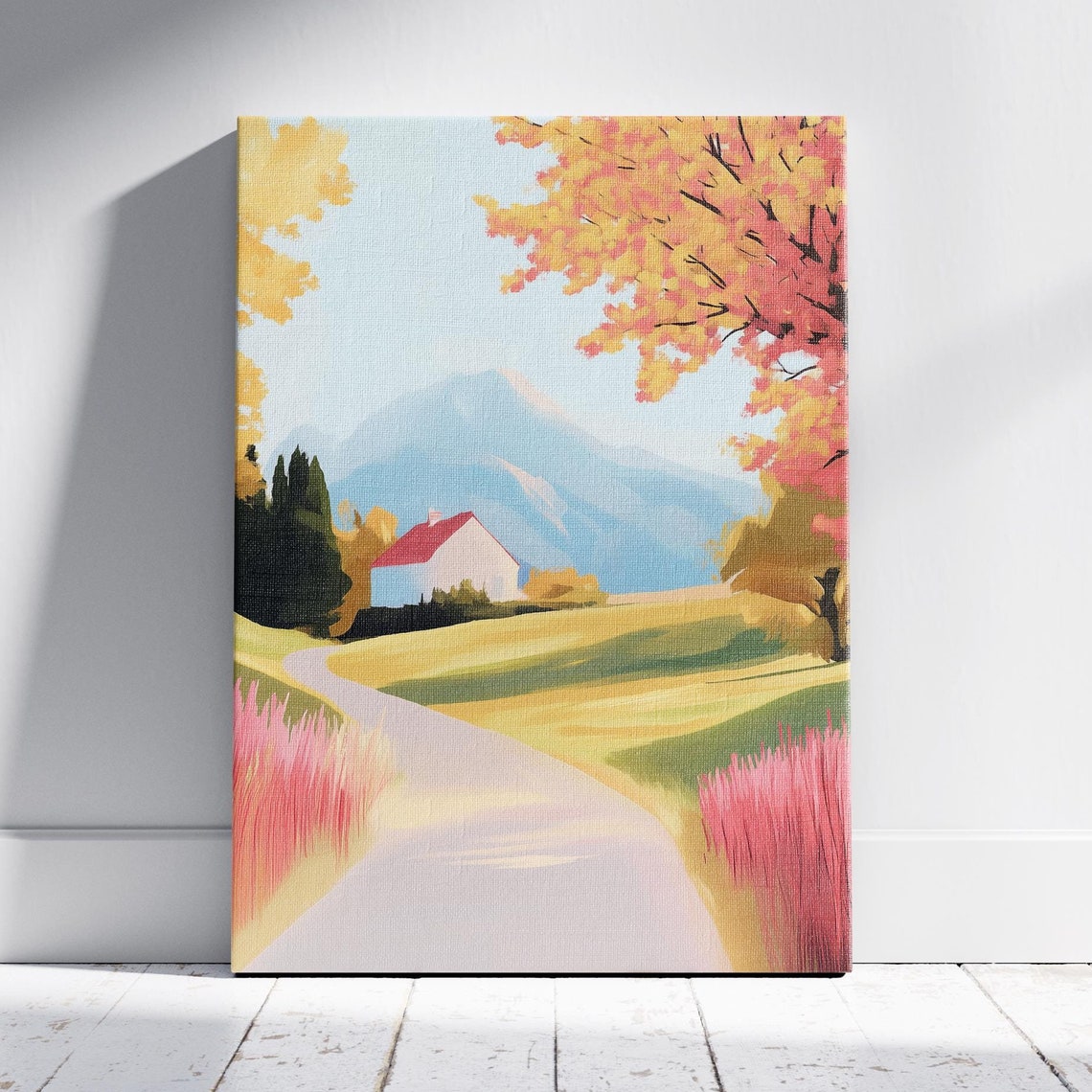 Autumn Countryside Cottage Red Roof Golden Path Pastel Art Poster