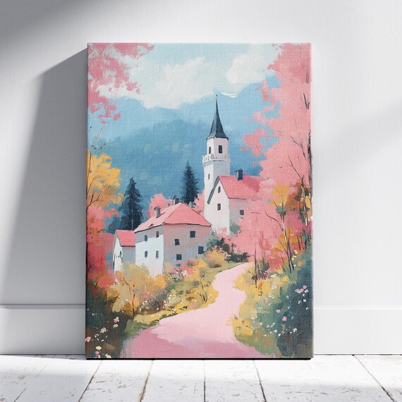 Village Church in a Pink Autumn Valley Mountain Landscape Travel Poster