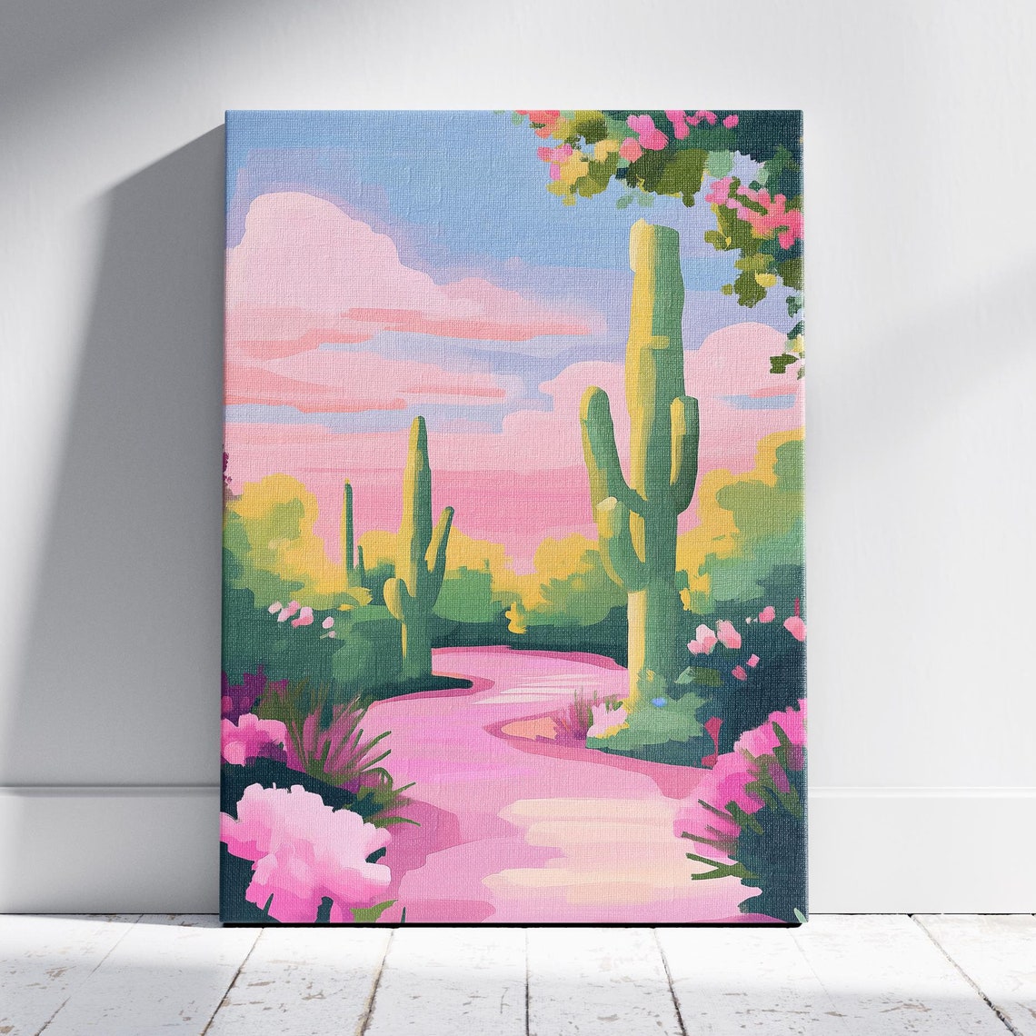 Colorful Pink Desert Garden Path Saguaro Cacti Sunset Poster