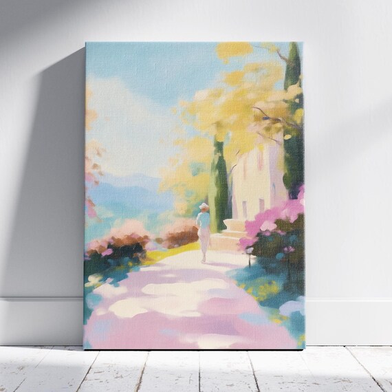 Pastel Morning Stroll Mediterranean Print Italian Charm Village Painting Over Bed Wall Decor Impasto Landscape French Countryside