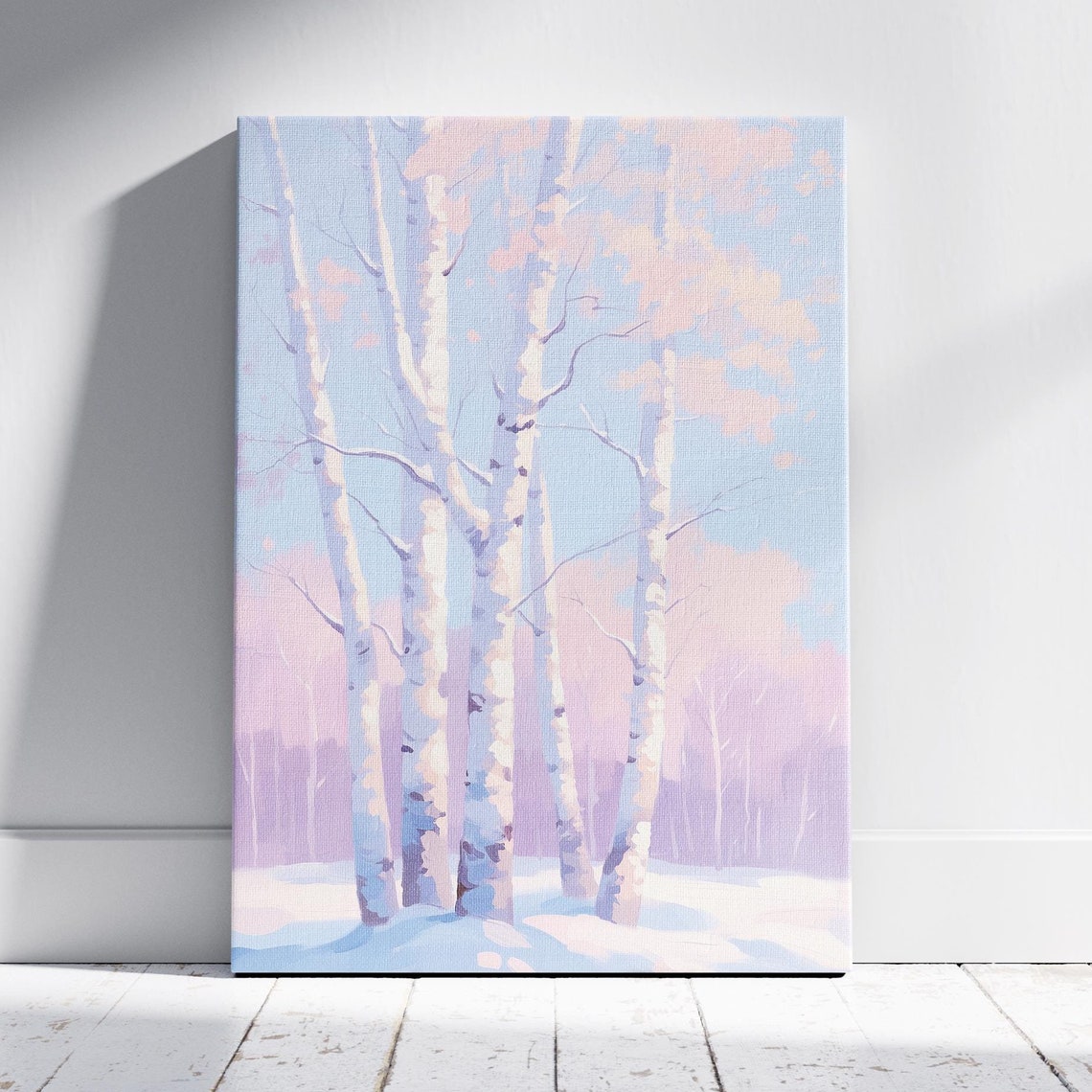 White Birch Trees In Winter Snow Under Pastel Pink Sky Art Poster