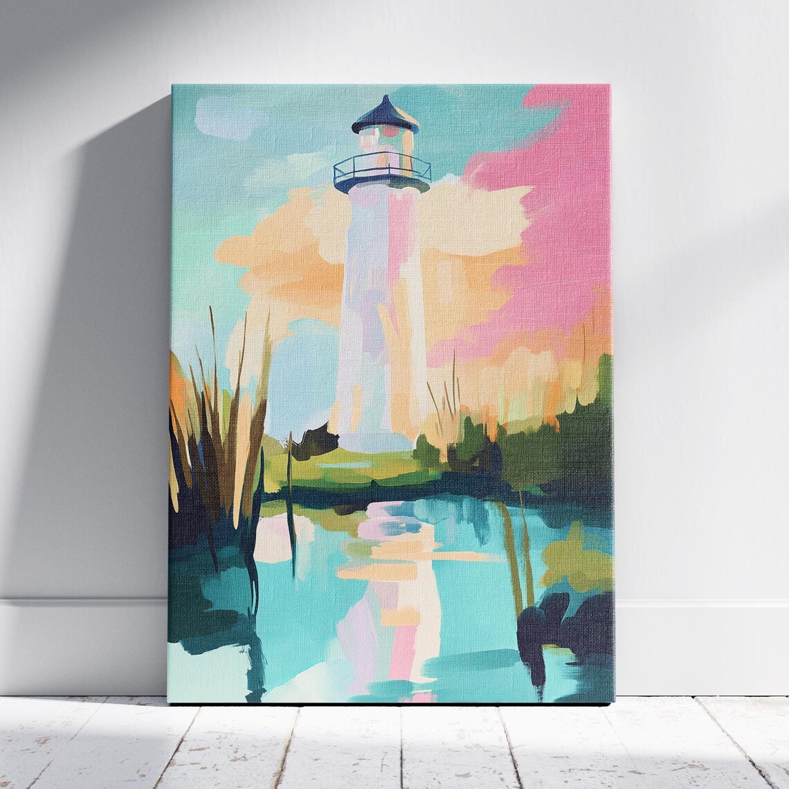 White Lighthouse Pastel Sunset Sky Coastal Harbor Wall Art Print