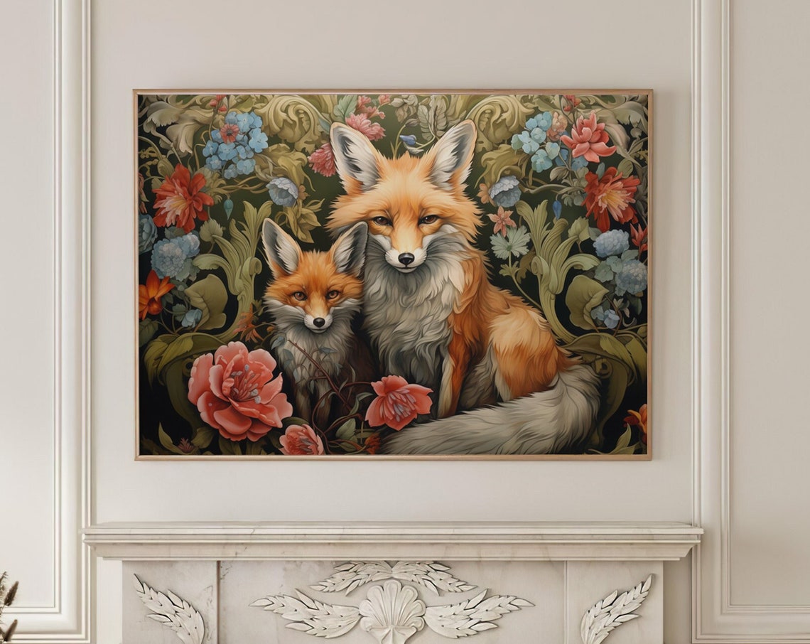 Red Fox Pair Among Blooming Flowers Morris Style Animal Poster - Image 4