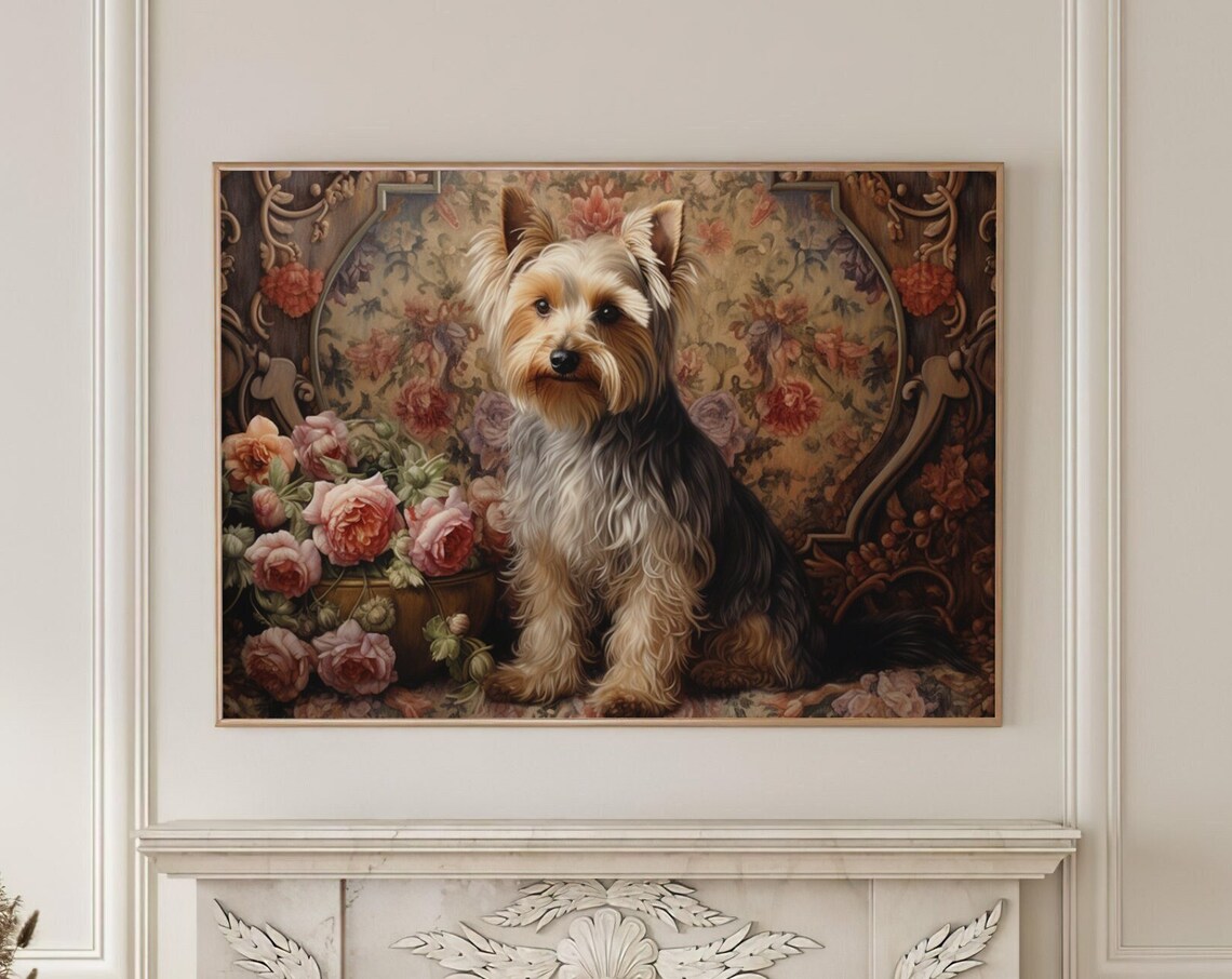 Yorkshire Terrier Puppy with Roses Vintage Floral Tapestry Poster