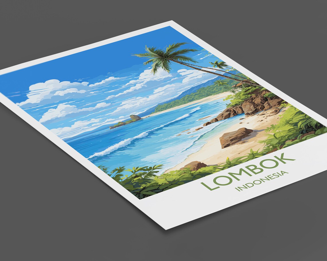 Lombok Indonesia Tropical Beach Palm Surf Travel Poster Island Decor - Image 2