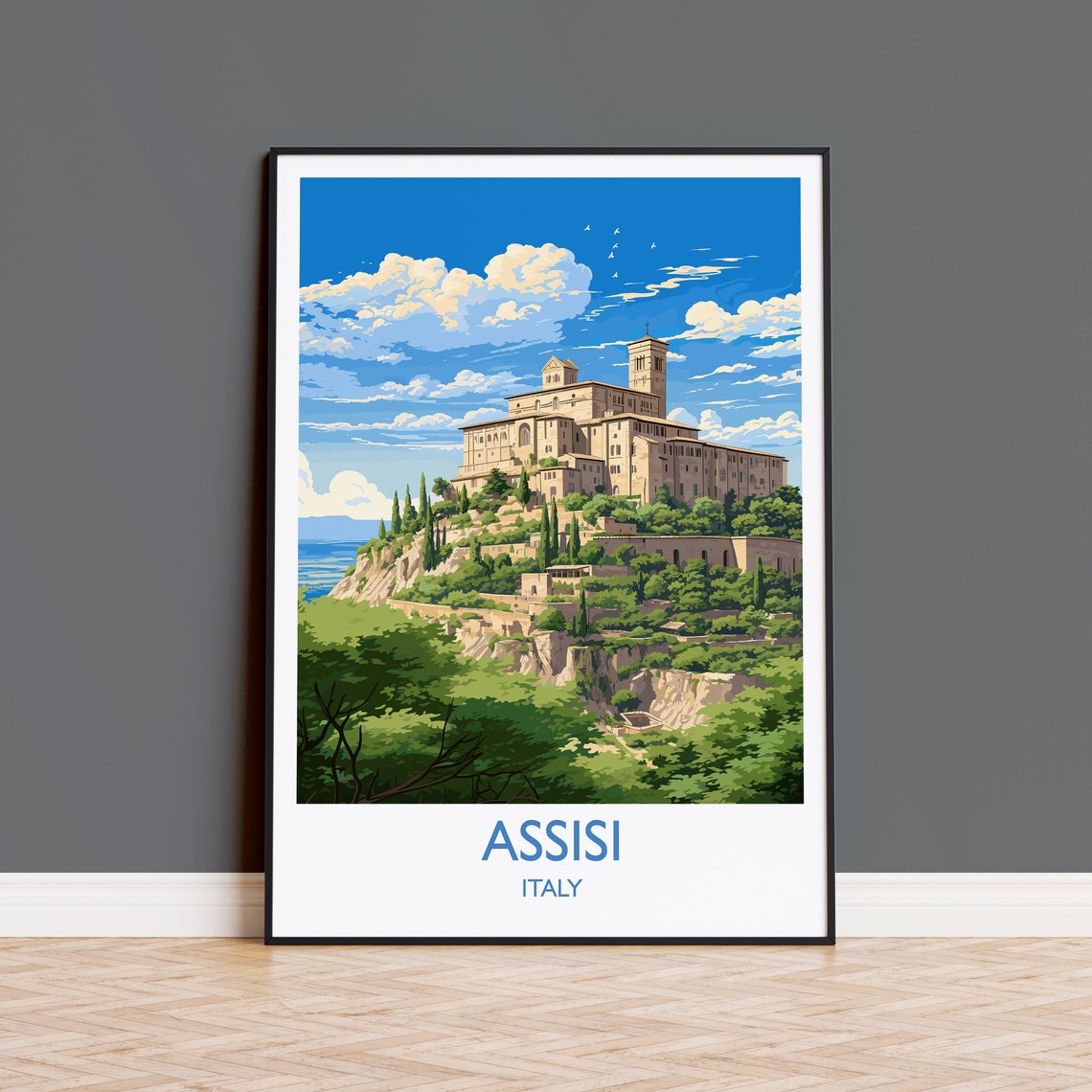 Assisi Italy St Francis Basilica Hilltop Stone Town Travel Poster