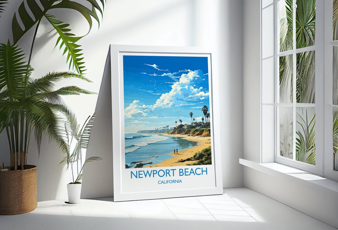 Newport Beach California Sandy Beach Palms Cliffs Vintage Poster - Image 3