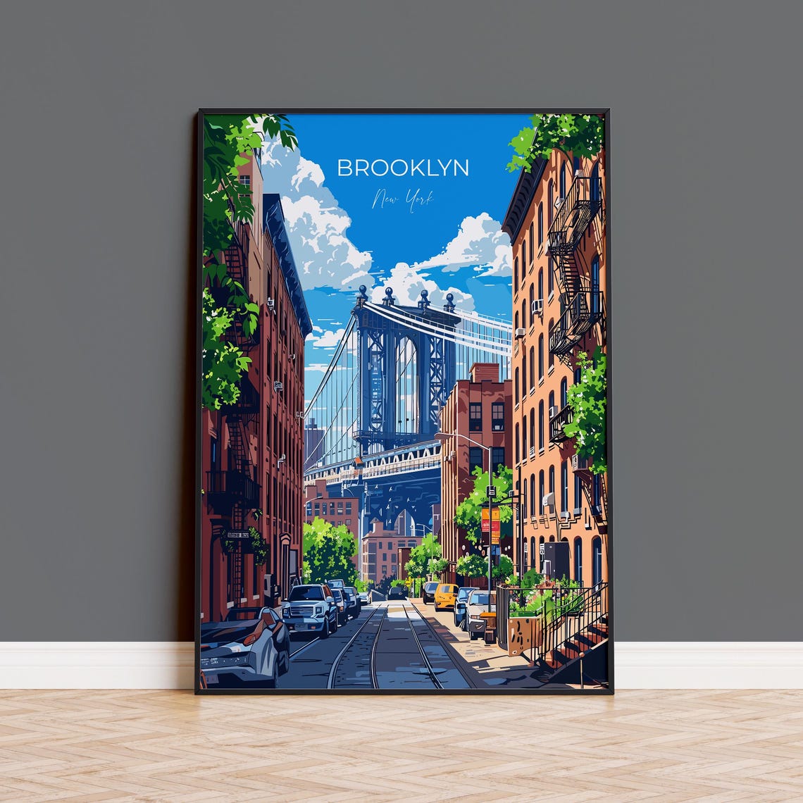Manhattan Bridge Dumbo Street Brownstones Brooklyn Travel Poster