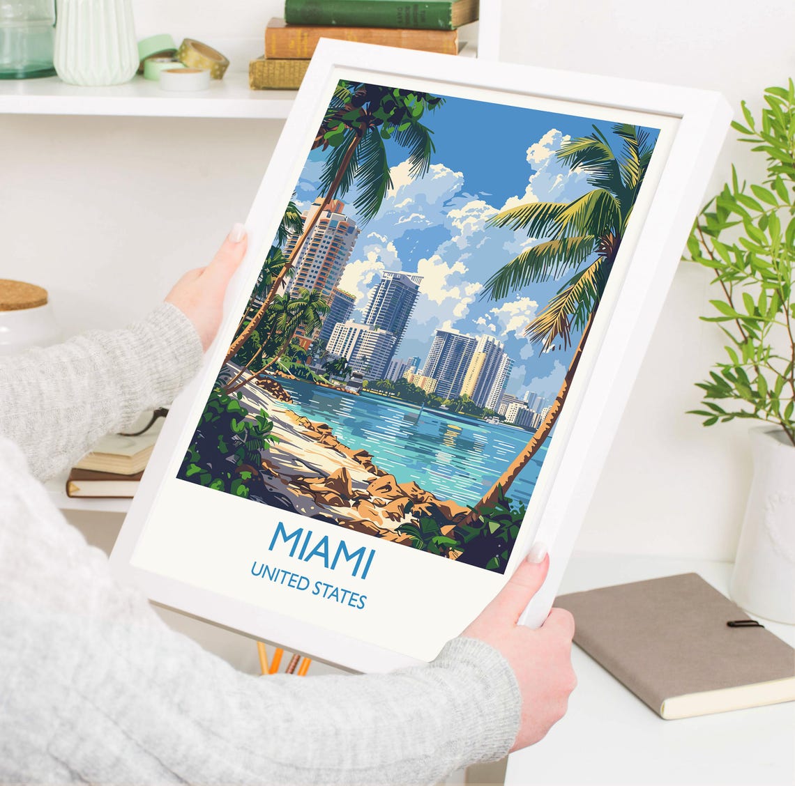 Miami Florida Bay Skyline Palm Trees Waterfront Travel Print - Image 3