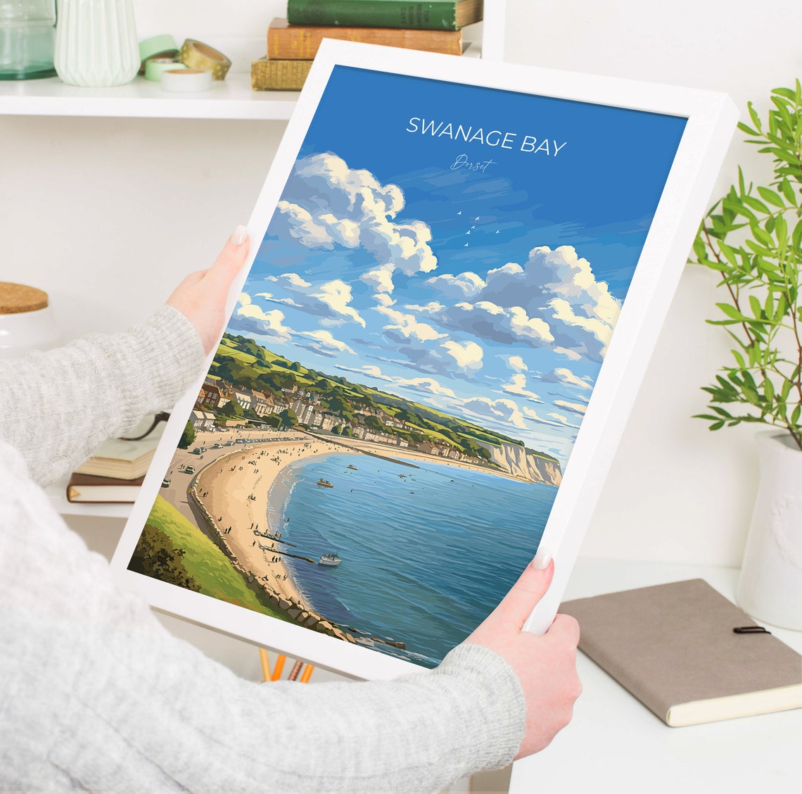 Swanage Bay Dorset Coastal Beach Panorama Vintage Script Poster - Image 5
