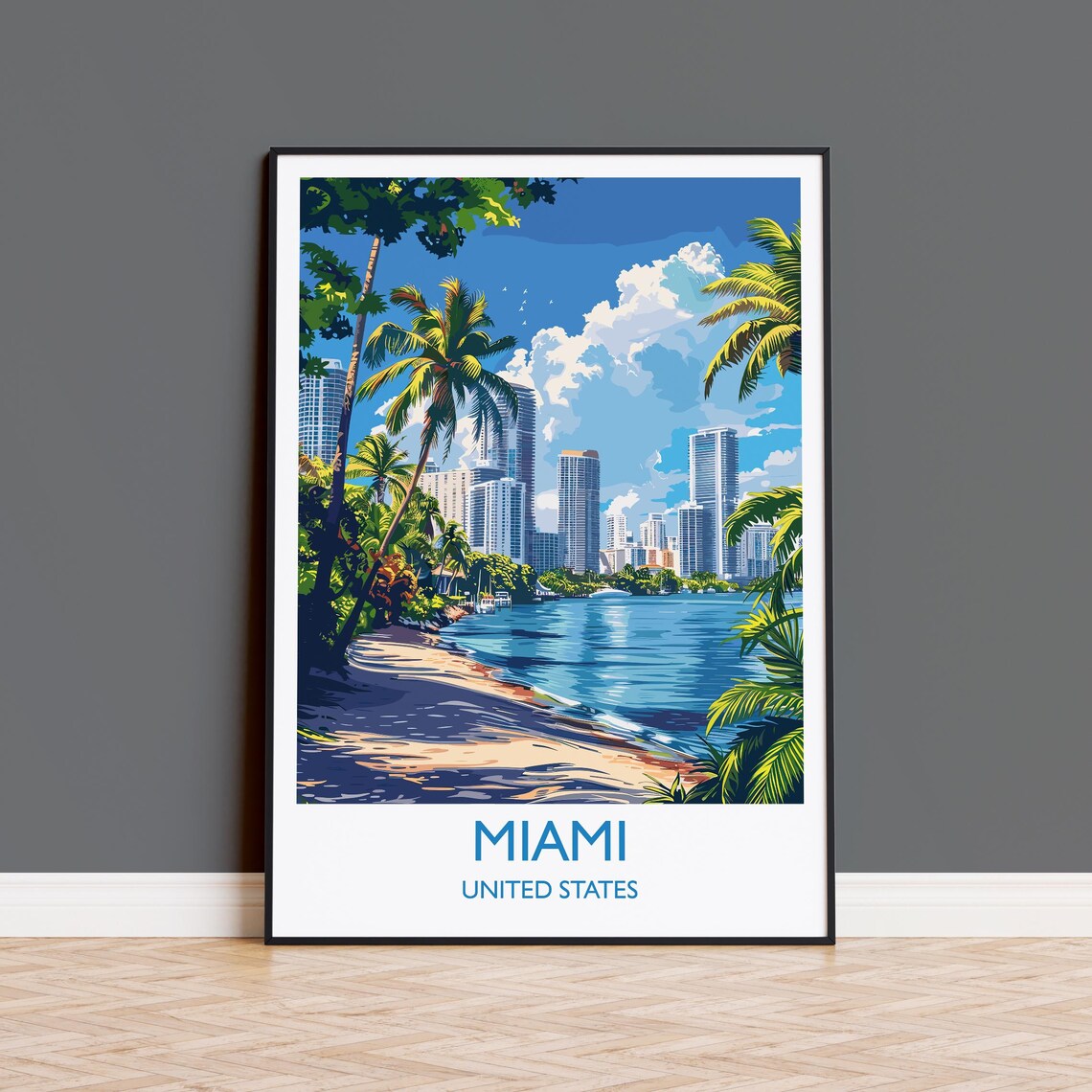 Miami United States Bay Skyline Palm Trees Beach Travel Print