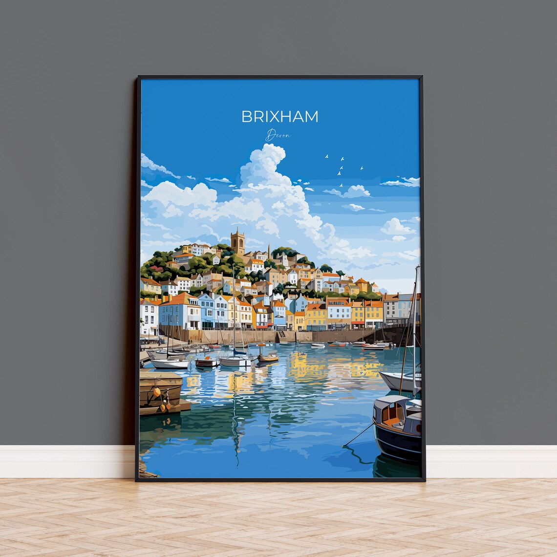 Brixham Devon Harbor Boats Colorful Fishing Town Travel Poster