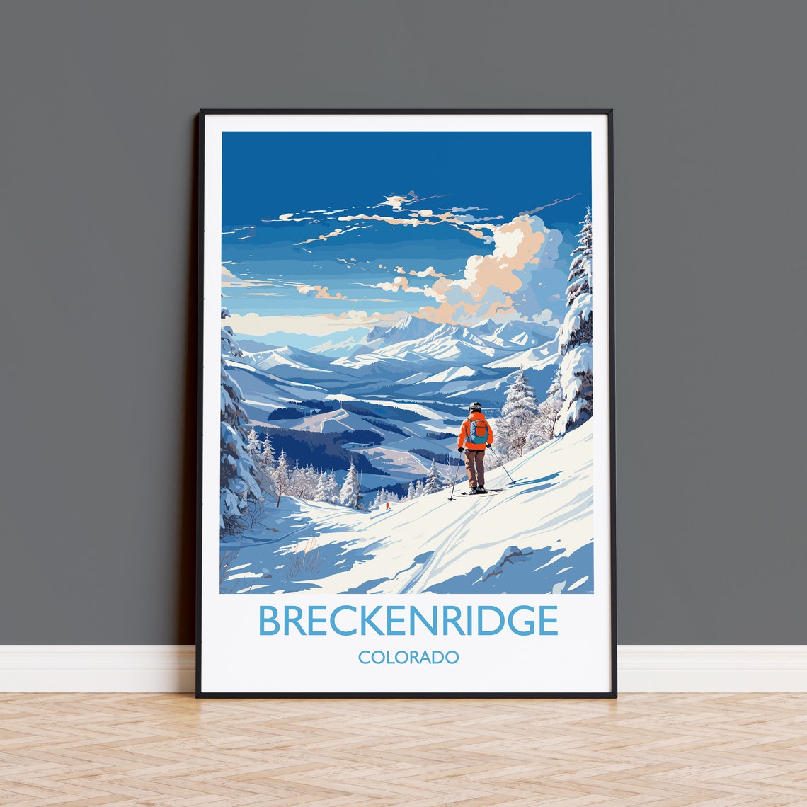 Breckenridge Colorado Skier Blue Slope Mountain Winter Travel Poster