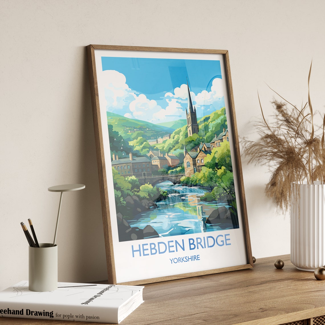 Hebden Bridge Yorkshire Church River Stone Bridge Travel Poster - Image 3
