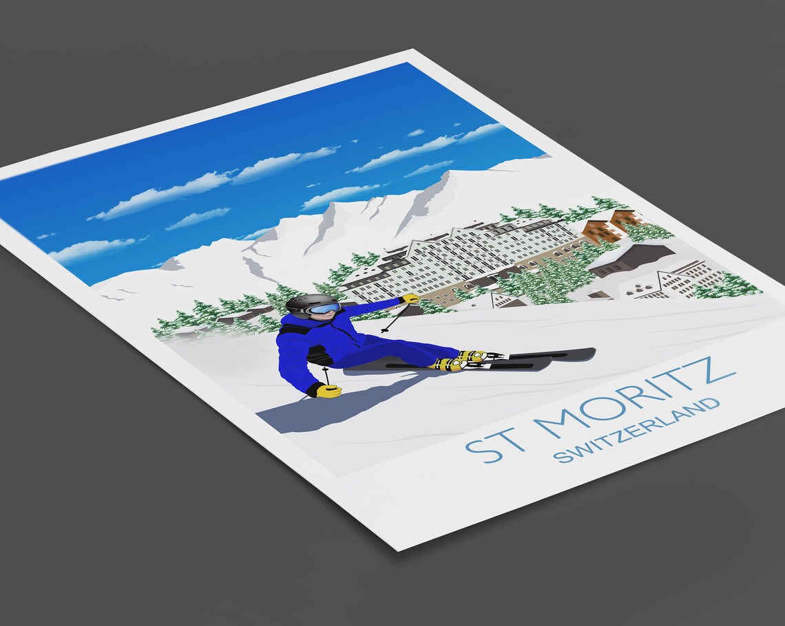St Moritz Switzerland Blue Ski Run Resort Peaks Travel Poster - Image 2