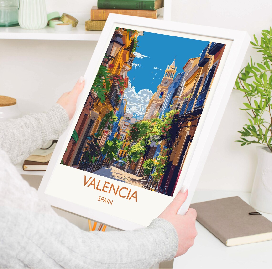 Valencia Spain Colorful Old Town Street White Border Text Poster - Image 3