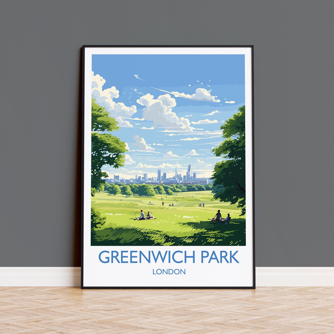 Greenwich Park London Travel Poster Skyline Meadow Picnic Scene