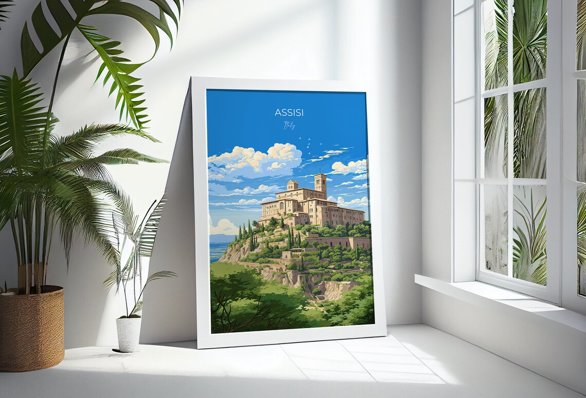 Assisi Italy Basilica Hilltop Green Valley Scene Travel Poster - Image 3