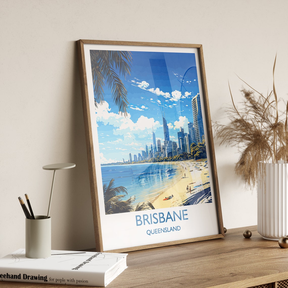Brisbane Queensland Palm Framed Beach City Skyline Travel Poster - Image 2