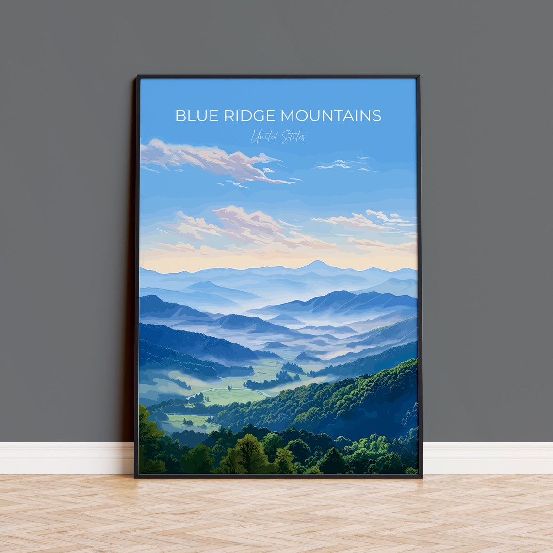 Blue Ridge Mountains Misty Valley Sunrise Travel Poster Wall Decor