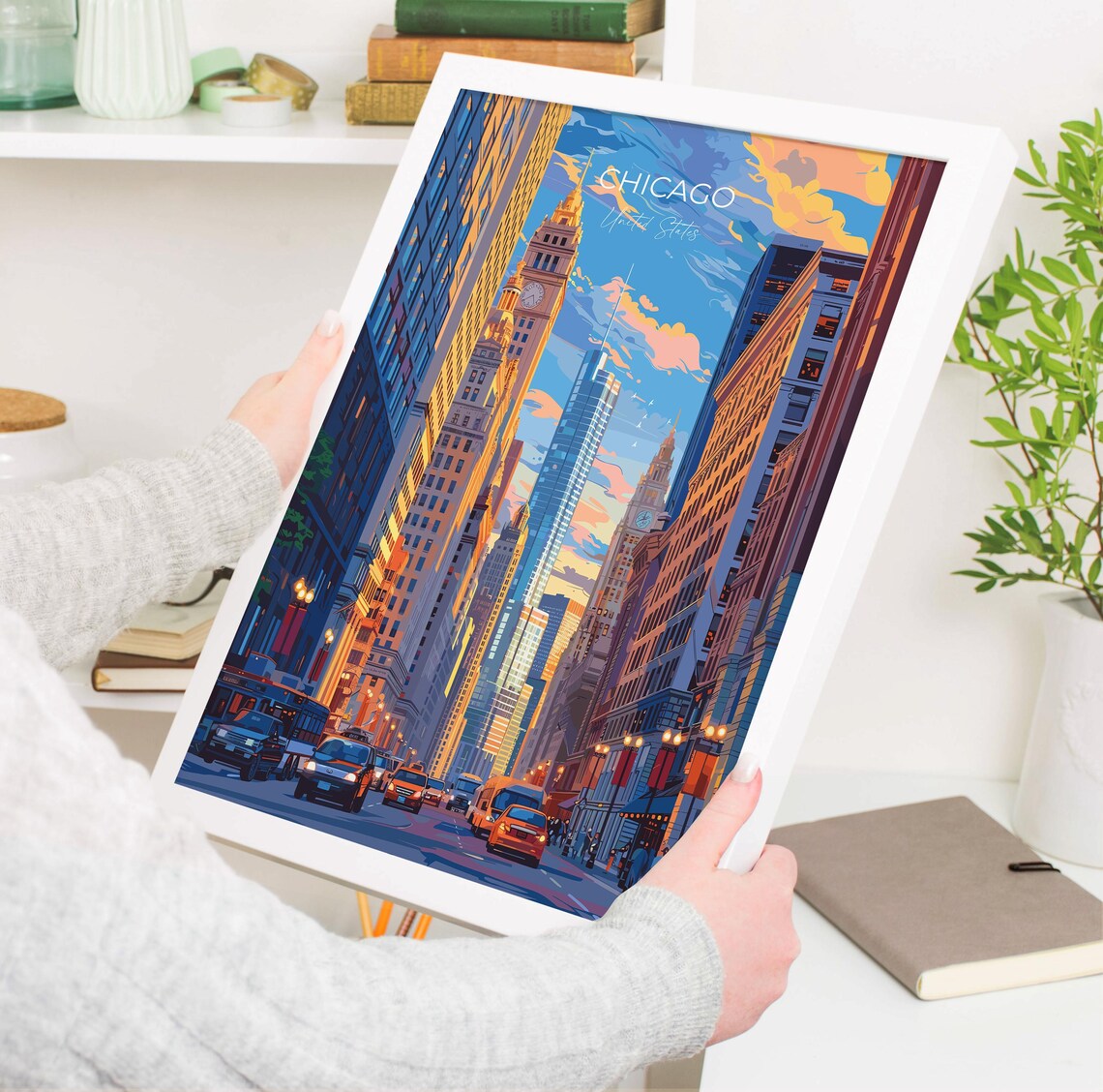 Chicago Downtown Street Canyon Sunset Top Lettering Travel Poster - Image 3