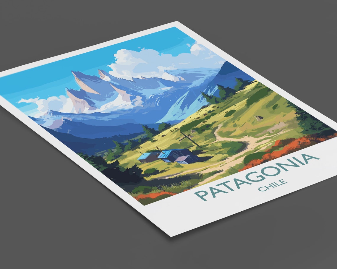 Patagonia Chile Jagged Peaks Alpine Cabins Hiking Travel Poster - Image 2