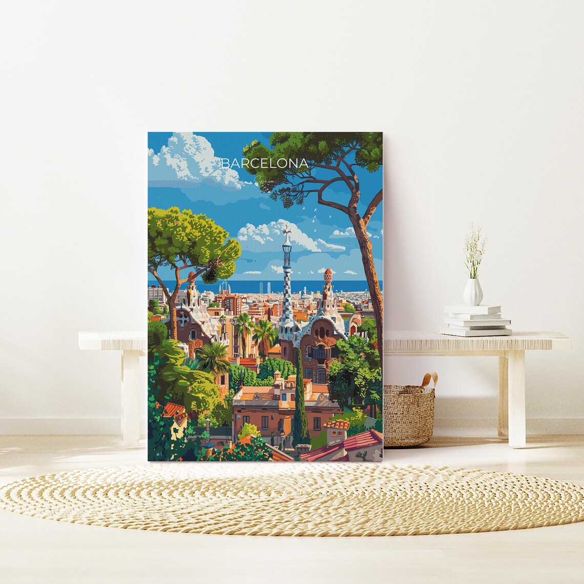 Barcelona Gaudi Mosaic Rooftops Mediterranean Sea View Travel Poster - Image 2