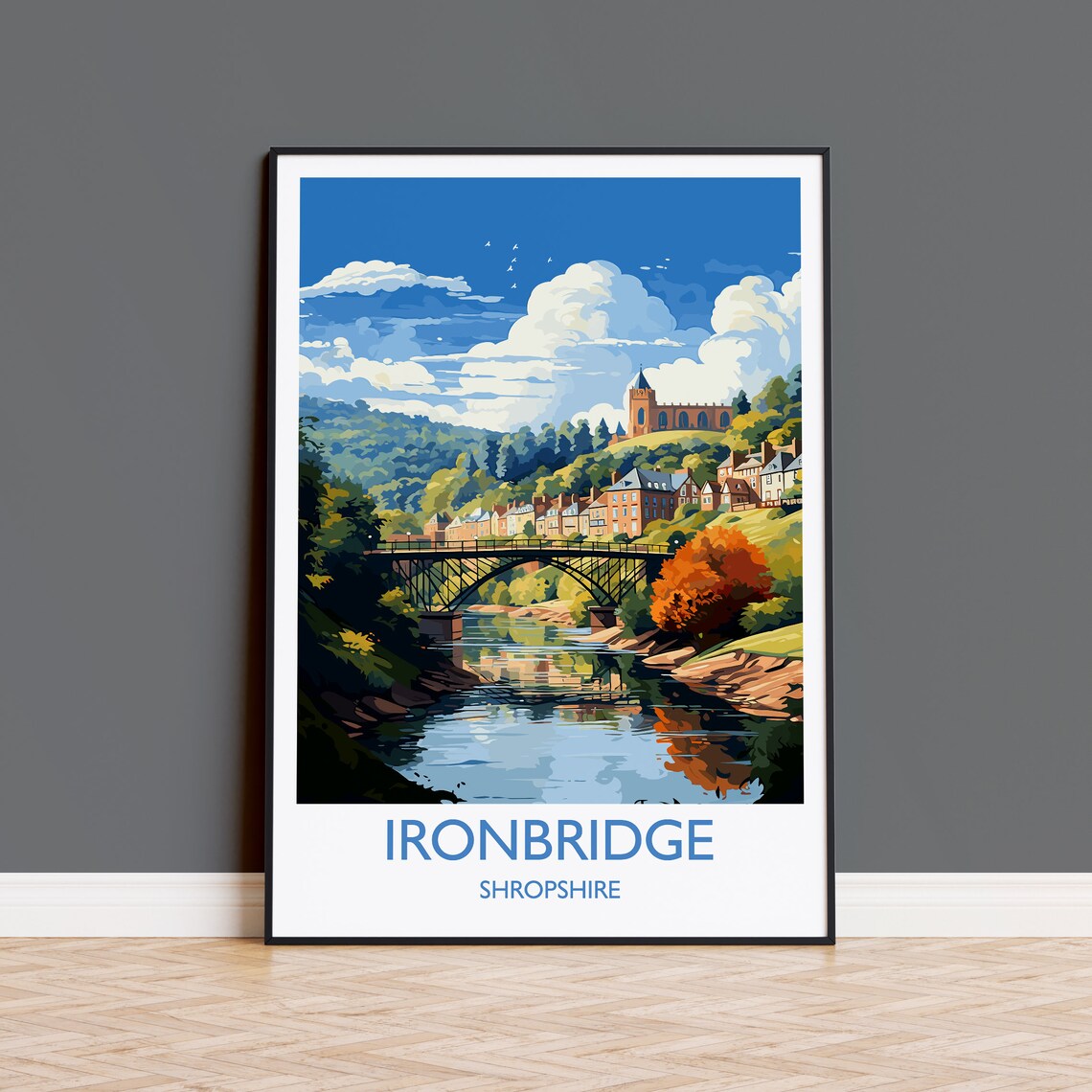 Ironbridge Shropshire Riverside Town Iron Bridge Vintage Poster