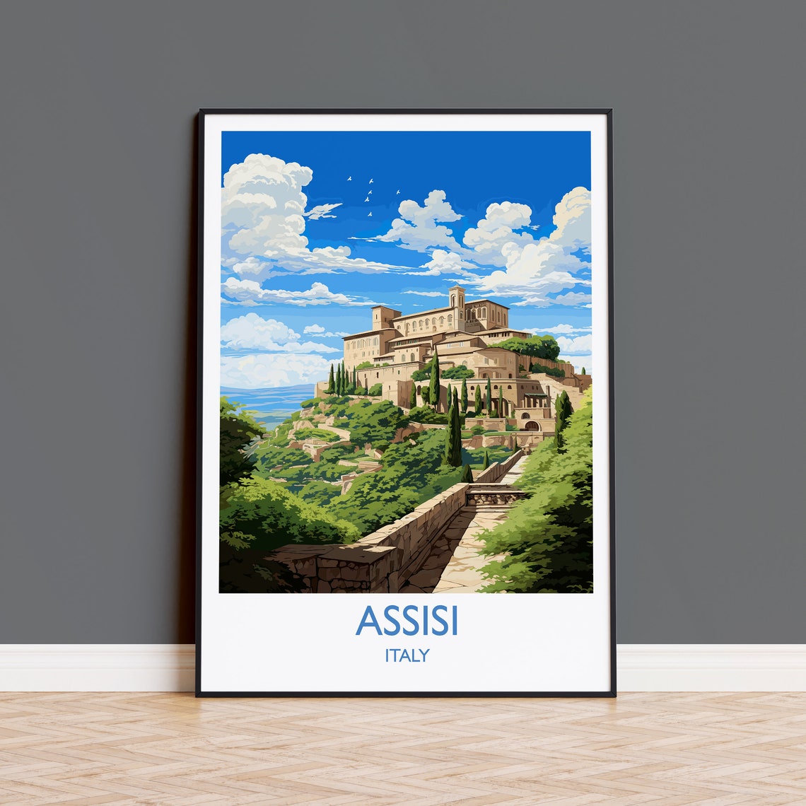 Assisi Italy Hilltop Basilica Cypress Trees Historic Travel Poster