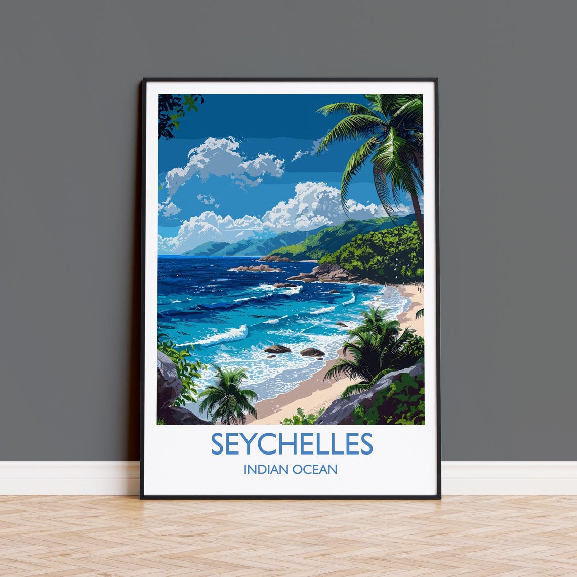 Seychelles Indian Ocean Beach Travel Poster With Title Caption