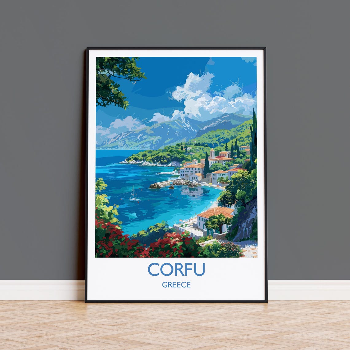 Corfu Greece Coastal Village Bay White Border Text Travel Poster