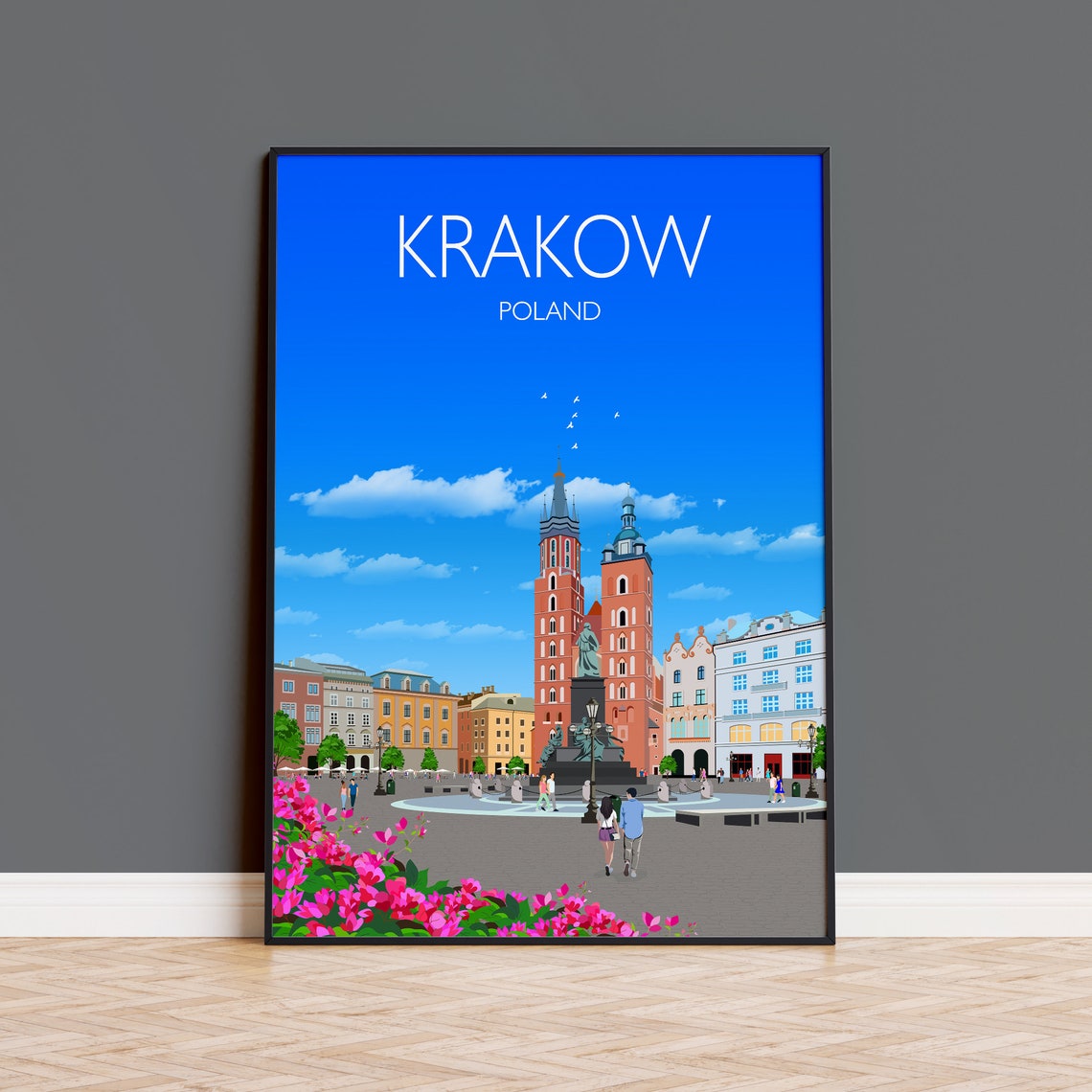 Krakow Poland Old Town Square Twin Spires Skyline Art Poster