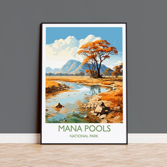Wild Mana Pools National Park Daytime River Mountain Scene Poster