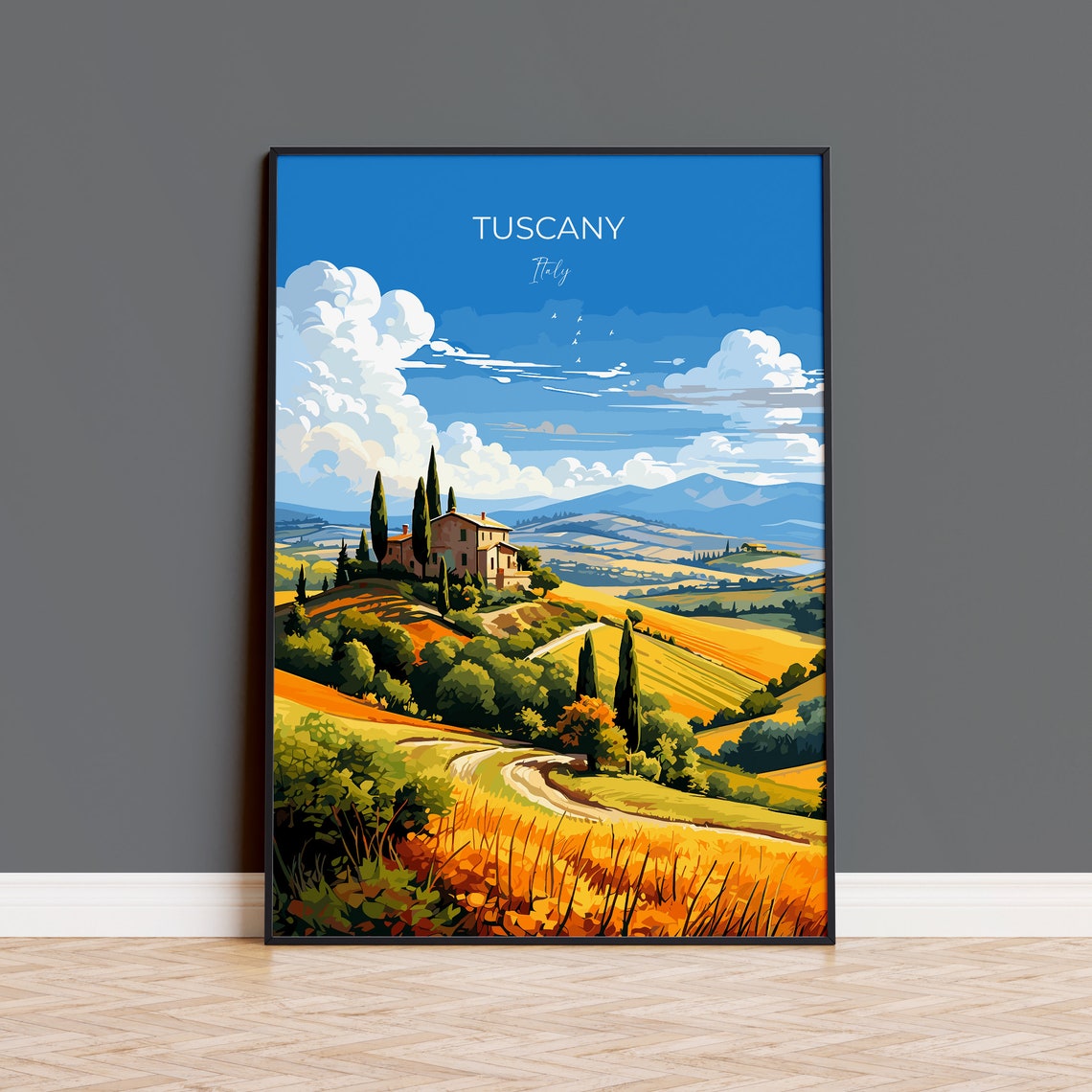 Tuscany Italy Golden Wheat Fields Villa Cypress Hills Travel Poster