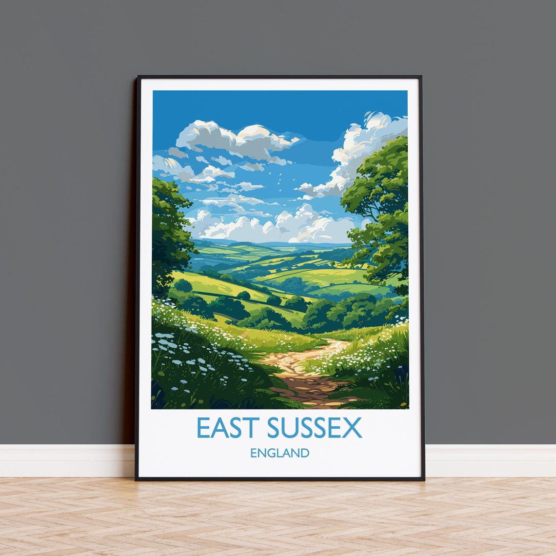 East Sussex Rolling Green Countryside Path England Travel Poster