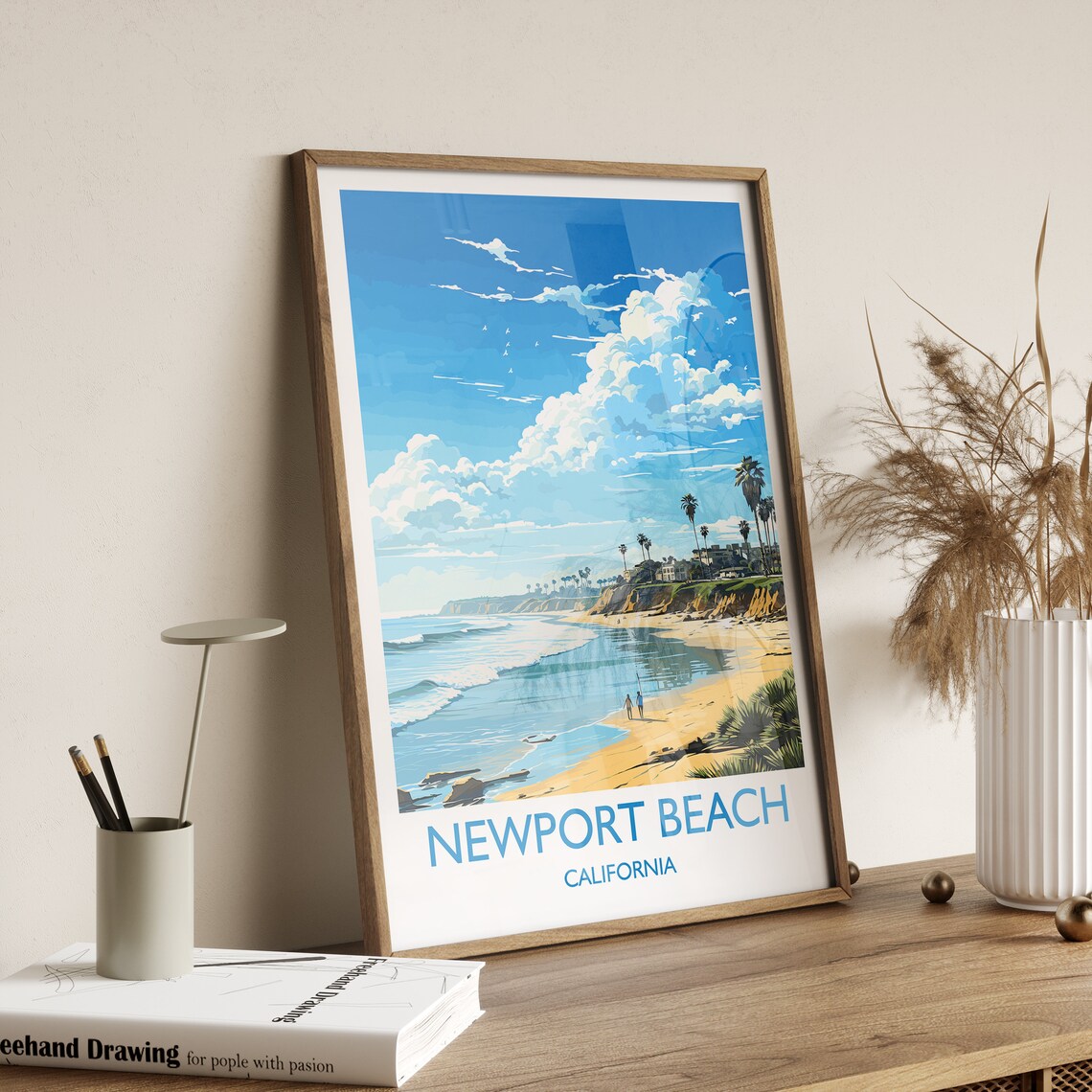 Newport Beach California Sandy Beach Palms Cliffs Vintage Poster - Image 2