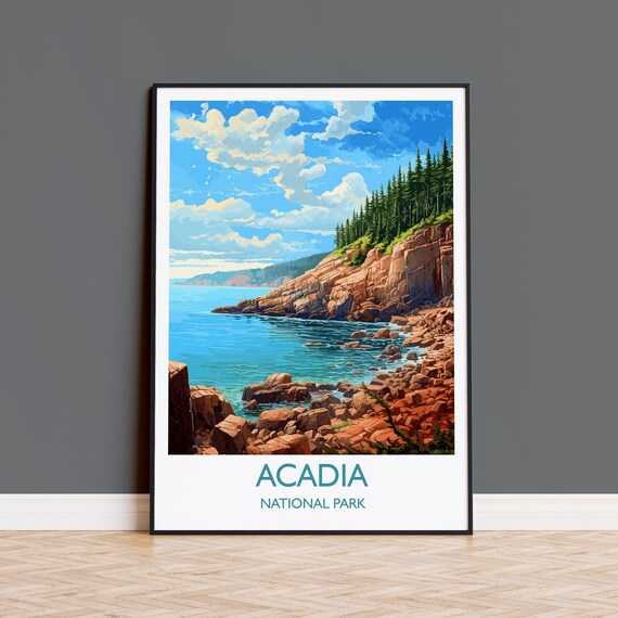 Acadia National Park Maine Rocky Shoreline Cliffs Vintage Poster