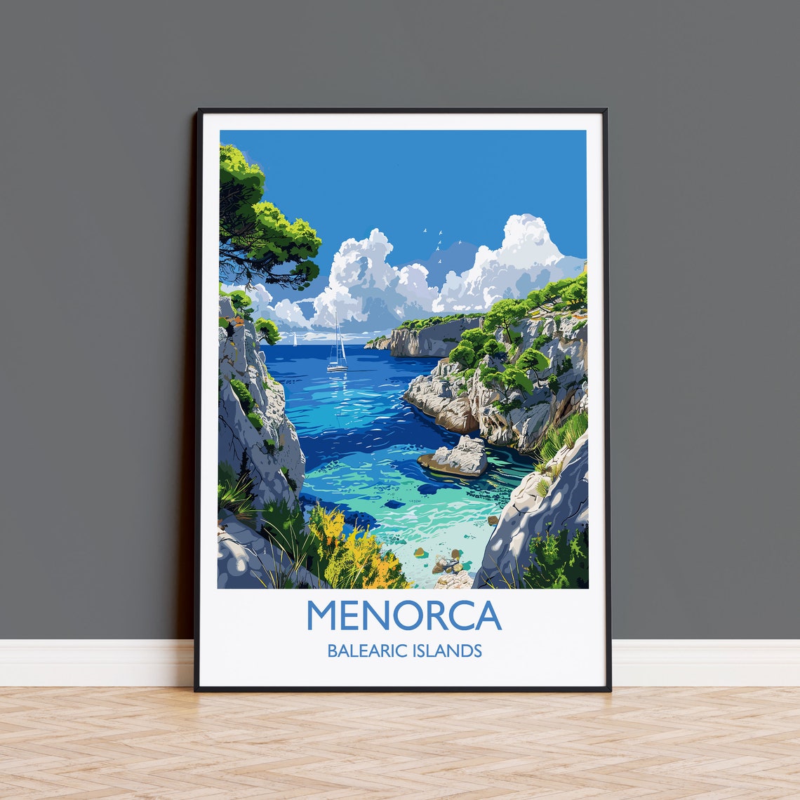 Menorca Balearic Islands Hidden Cove Cliffs Sailboat Travel Poster