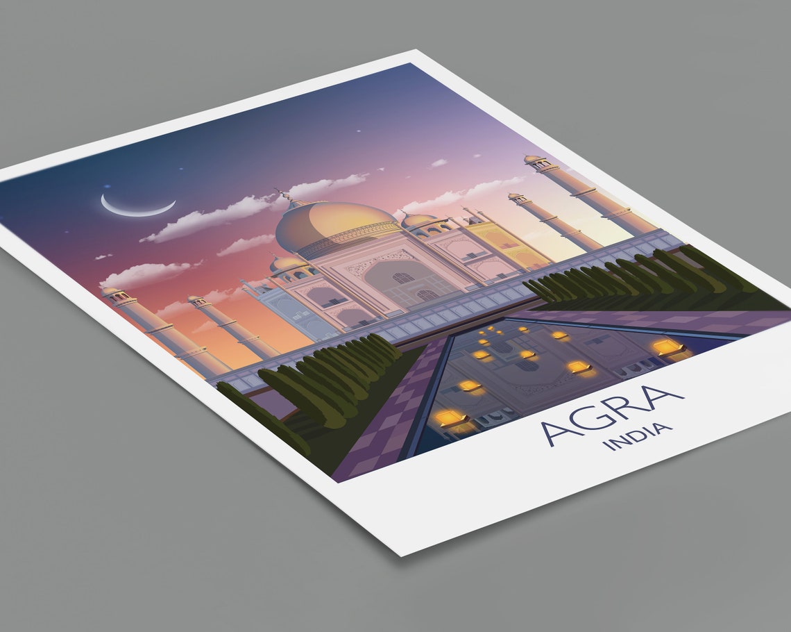 Agra India Taj Mahal Evening Sky Lanterns Pool Moonlight Poster - Image 2