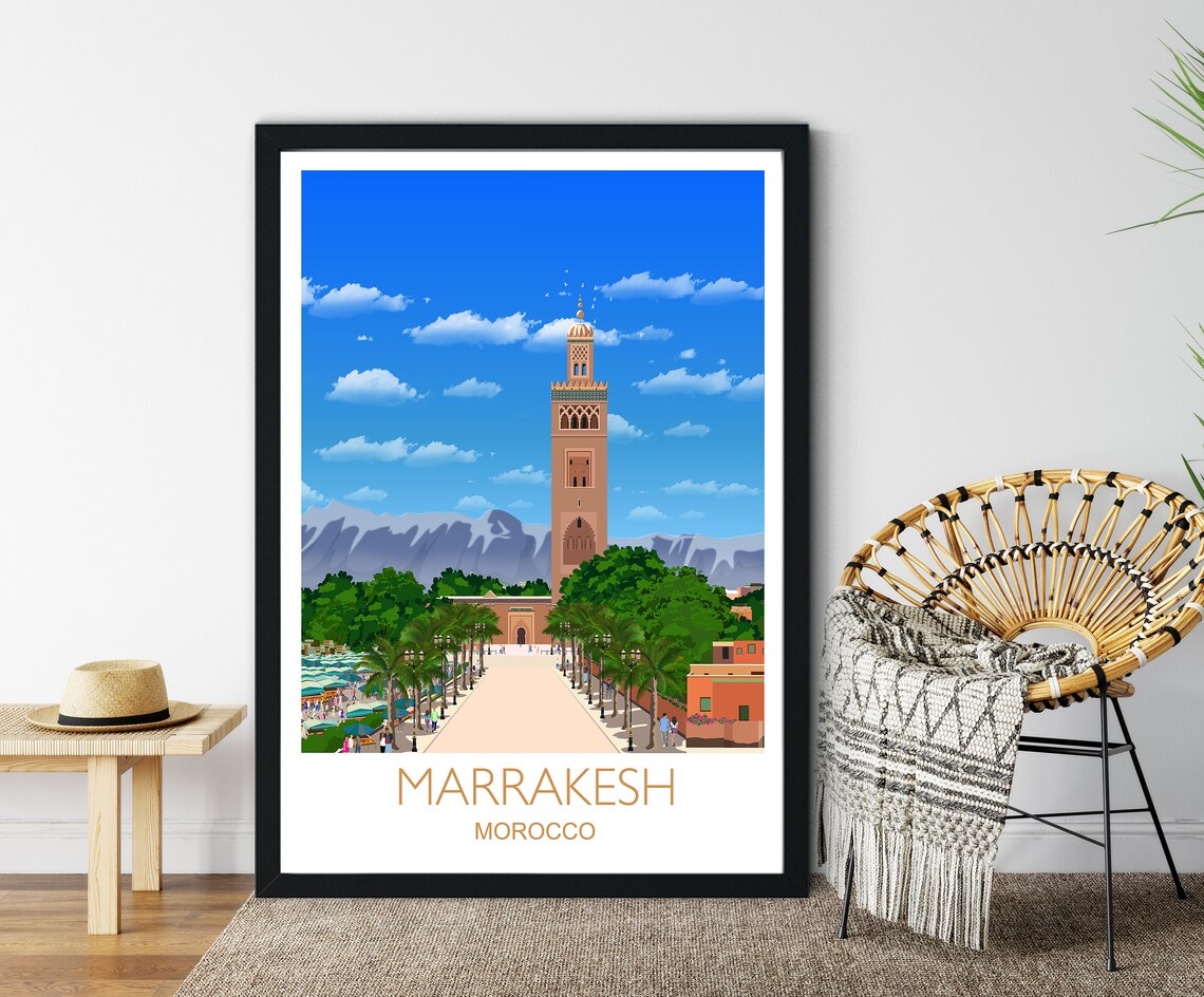 Marrakesh Morocco Atlas Mountains Koutoubia Scene Travel Poster