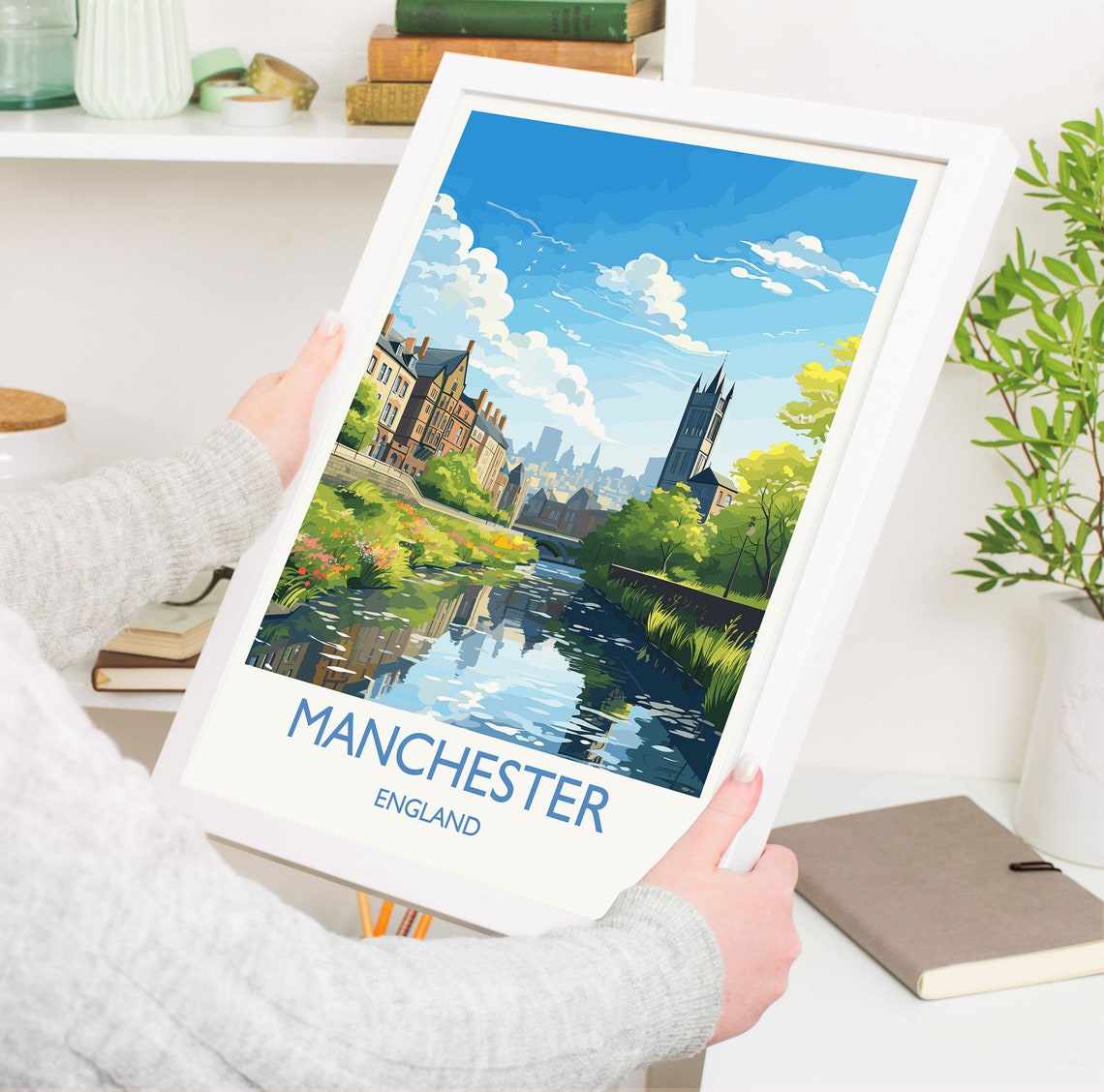 Manchester England Canal Waterside Skyline Landmark Art Poster - Image 5