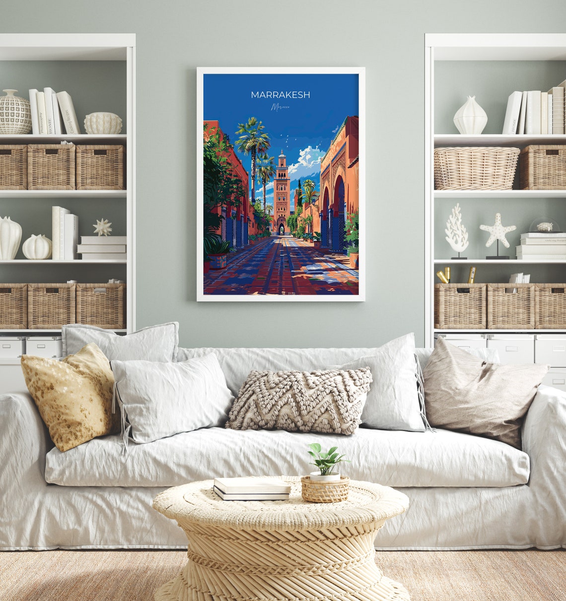 Marrakesh Morocco Tiled Alleyway Minaret Blue Accents Travel Poster - Image 2