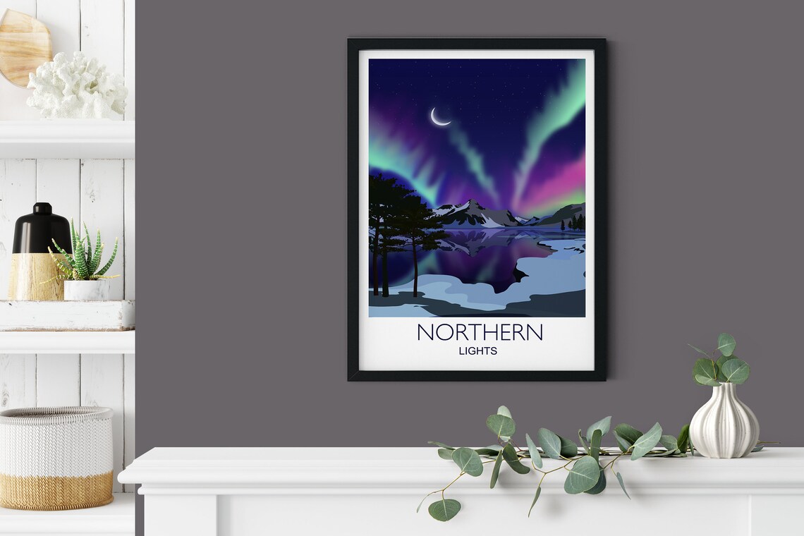 Northern Lights Aurora Pink Green Sky Snowy Peaks Art Poster - Image 3