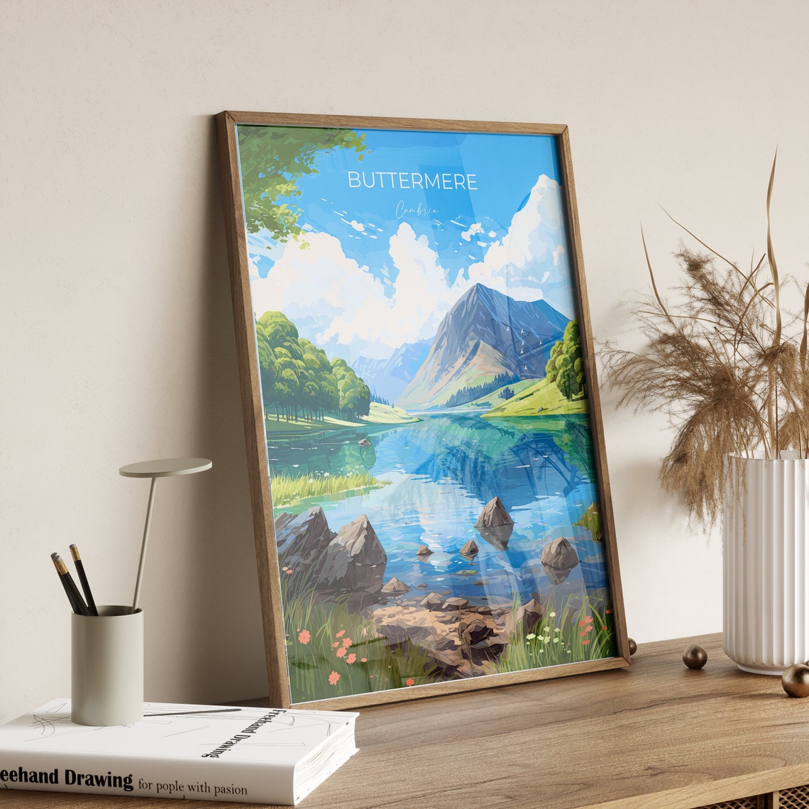 Buttermere Cumbria Lake Mountain Reflection Travel Art Poster - Image 2