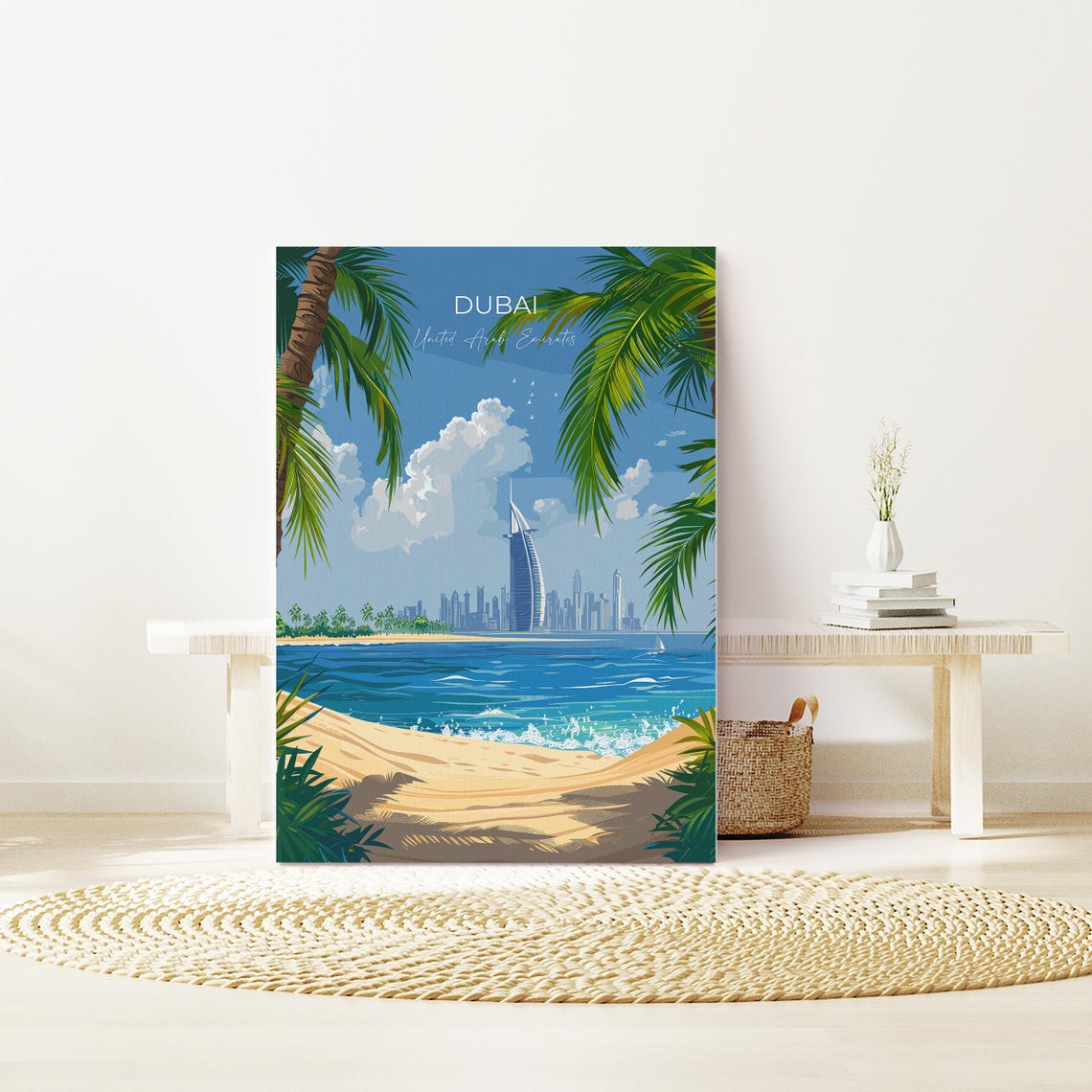 Dubai UAE Burj Al Arab Sandy Beach Palm Trees Vintage Travel Poster - Image 2